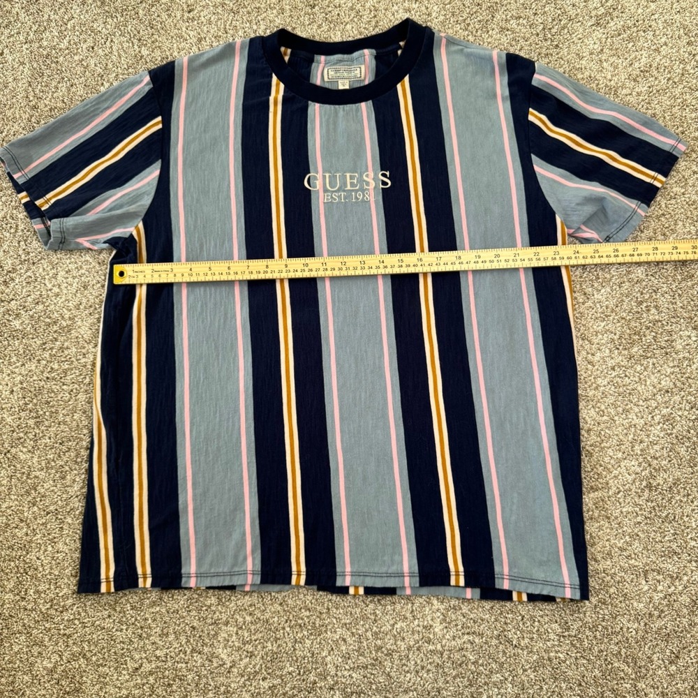 Guess Originals Mens‎ XL Striped T-Shirt Blue Pink Yellow Embroidered Logo Retro - Picture 5 of 14